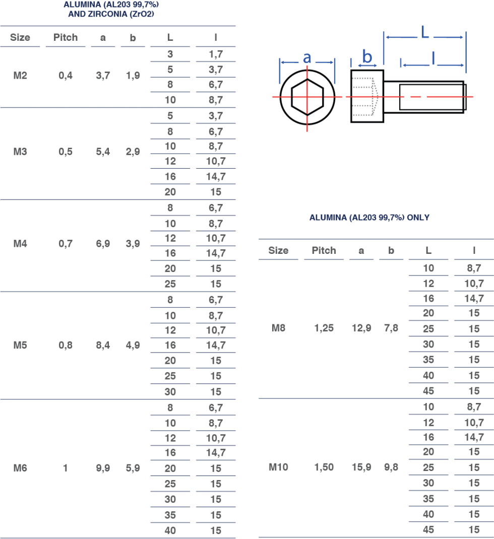 Hexagonal Socket cap screws Céramique technique